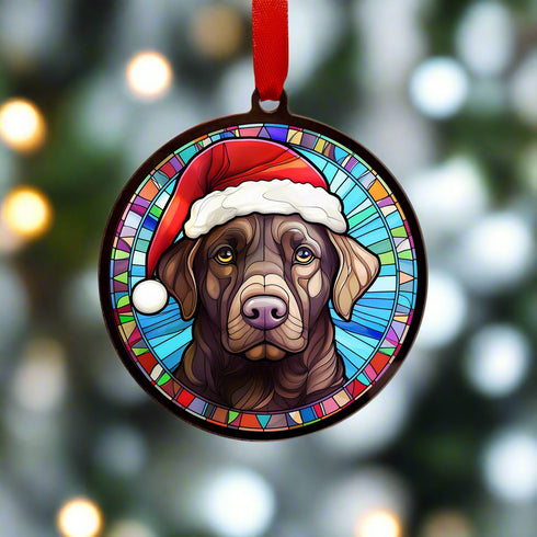 Labrador Chocolate in Santa Hat Suncatcher Decoration